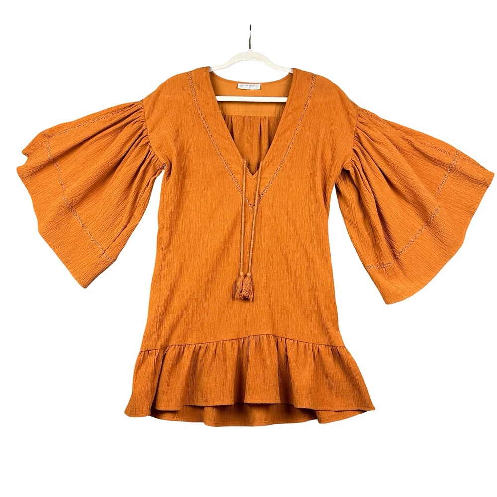 Yaneth Alatorre Mustard Orange Boho Bell Sleeve V Neck Ruffle Hem Peasant Top S
